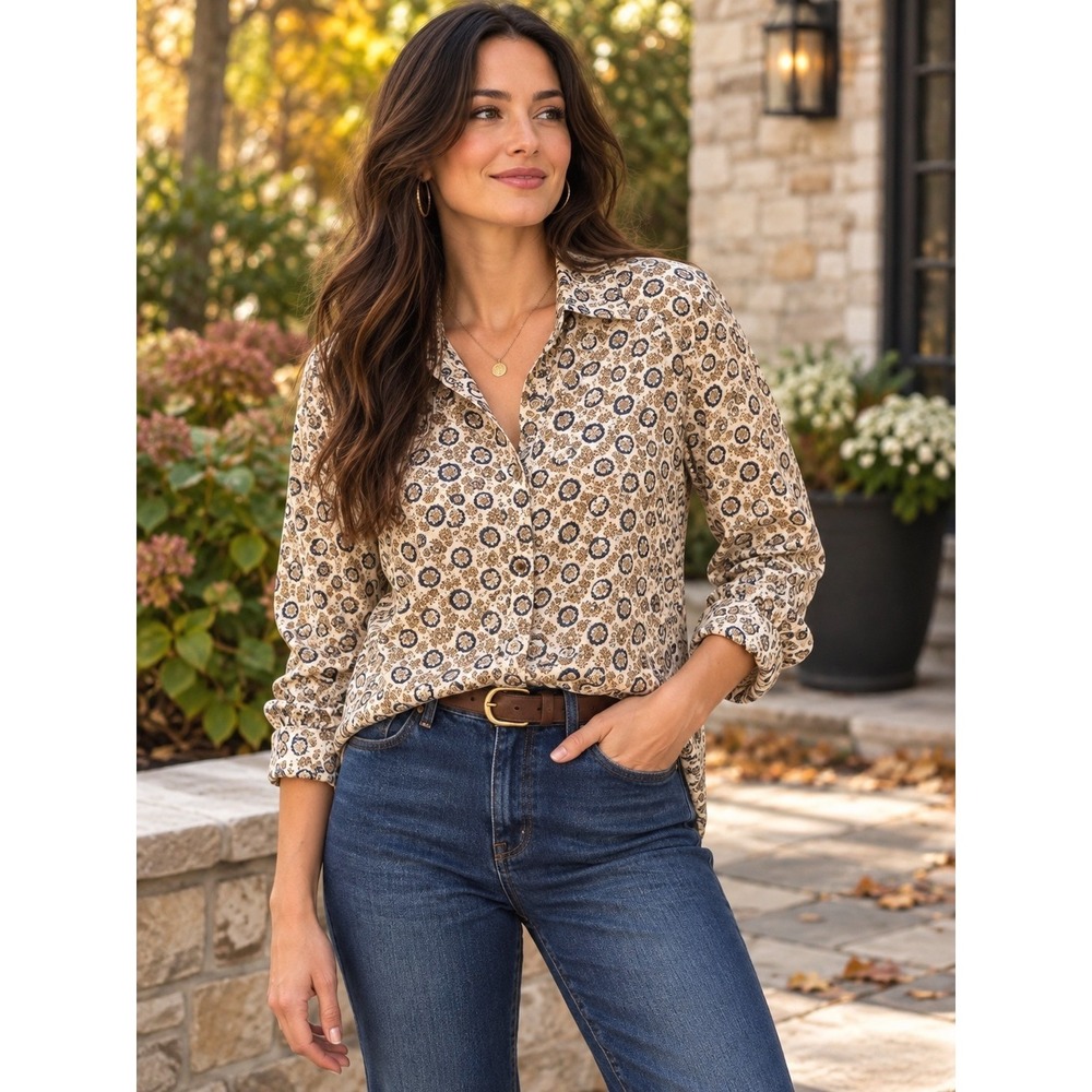 Vintage 90s Talbots Petite Collection 10P Rayon Floral Button Down Blouse